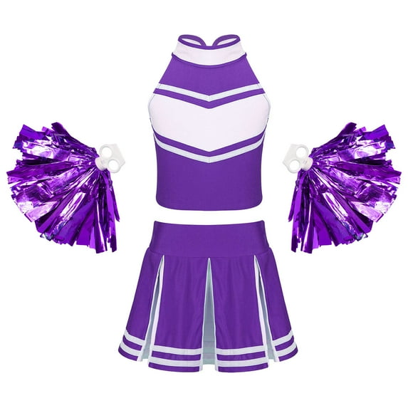 YONGHS Girls Cheer Leader Uniform Halloween Party Cheerleading Crop Top with Skirt Pompoms Purple 16