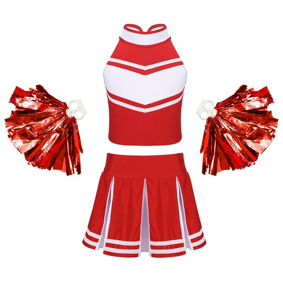 YONGHS Girls Cheer Leader Uniform Halloween Party Cheerleading Crop Top with Skirt Pompoms Red 10