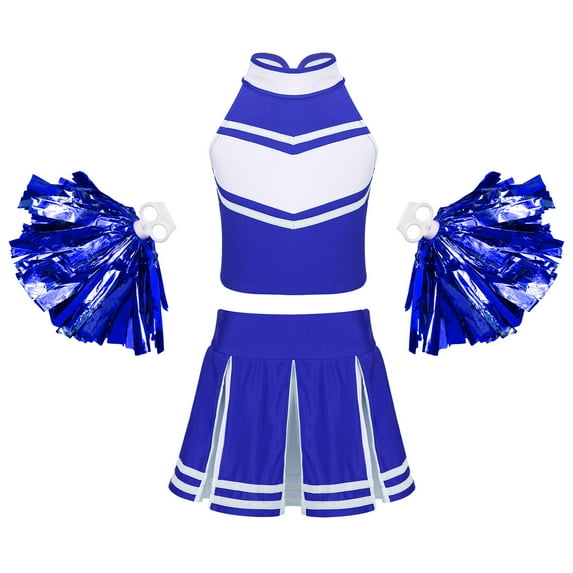 YONGHS Girls Cheer Leader Uniform Halloween Party Cheerleading Crop Top with Skirt Pompoms Royal Blue 12