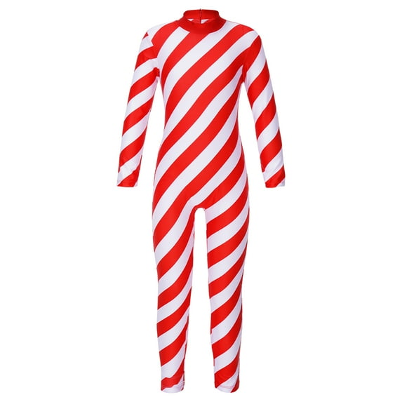 YONGHS Girls Christmas Candy Cane Striped Bodysuit Unitard Turtleneck Long Sleeve Gymnastics Dance Jumpsuit Red 16