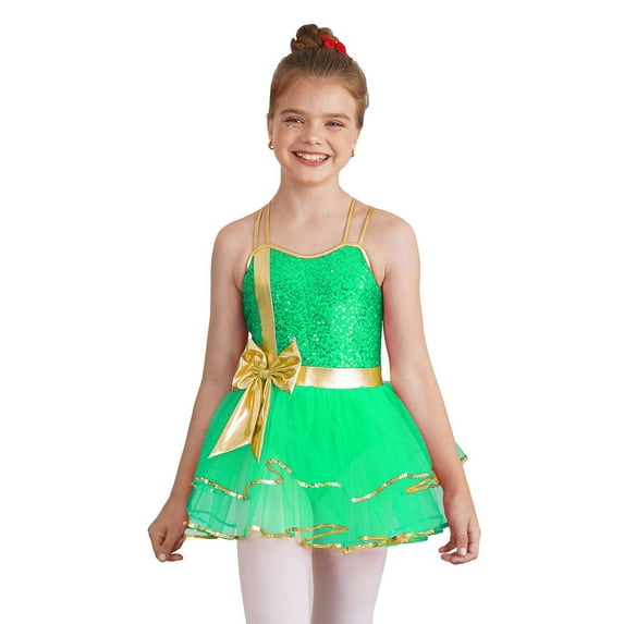 YONGHS Girls Christmas Dance Dress Shiny Sequin Ballet Figure Skating Tutu Dress Leotard Elf Costume Green 12