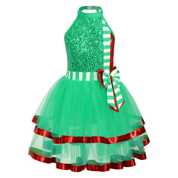 YONGHS Girls Christmas Santa Elf Costume Sequins Ballet Dance Ice Skating Performance Leotard Dress Green 14