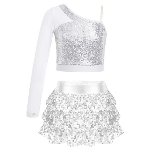 YONGHS Girls Dance Costume Long Sleeve Sequins Crop Top with Skirt Jazz Latin Hip Hop Outfits Silver 14