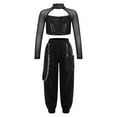thumbnail image 1 of YONGHS Girls Dancewear Outfits Mesh Spliced Long Sleeve Sequin Crop Top with Jogger Pants Set Black 14, 1 of 7
