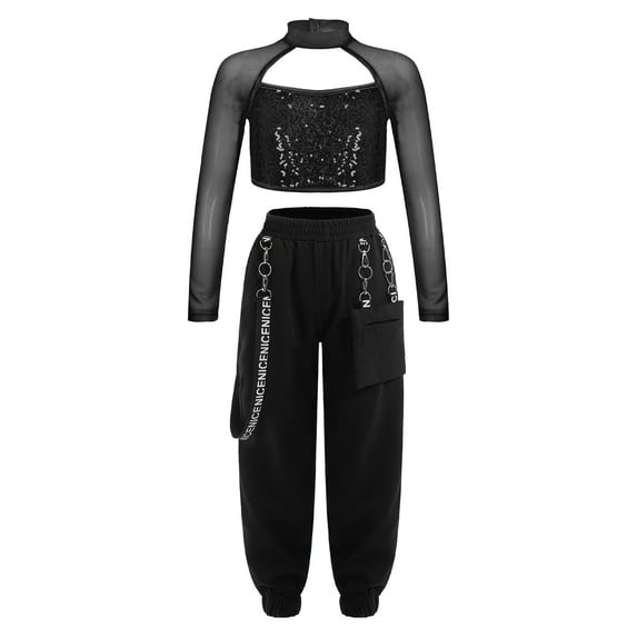 YONGHS Girls Dancewear Outfits Mesh Spliced Long Sleeve Sequin Crop Top with Jogger Pants Set Black 8