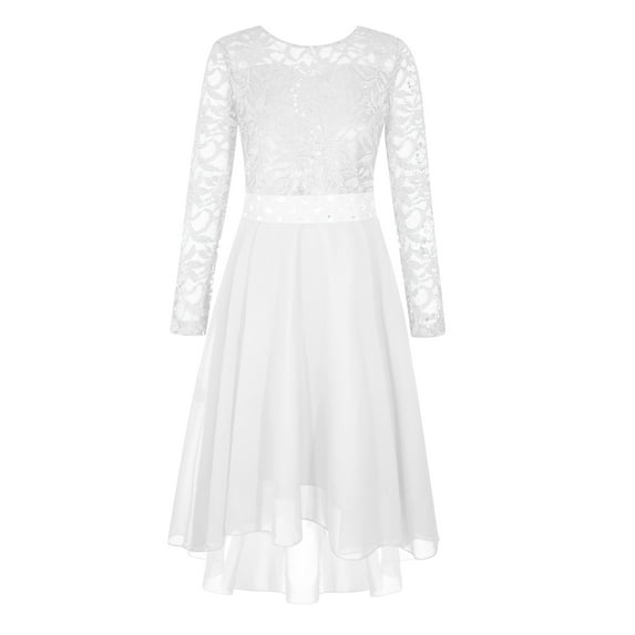 YONGHS Girls Elegant Lace Flower Girl Dress Long Sleeve A-Line High Low Hem Junior Bridesmaid Dress Ivory 12