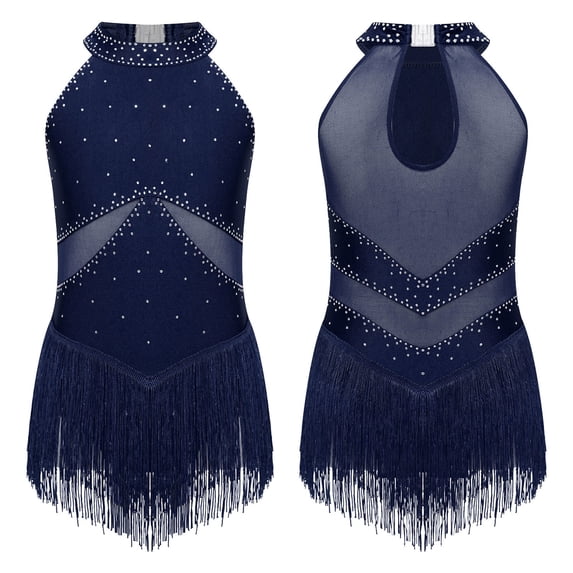 YONGHS Girls Fringe Tassel Sleeveless Lyrical Dance Dress Jazz Modern Contemporary Costume Navy Blue 10