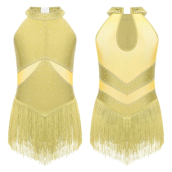YONGHS Girls Fringe Tassel Sleeveless Lyrical Dance Dress Jazz Modern Contemporary Costume Yellow 16