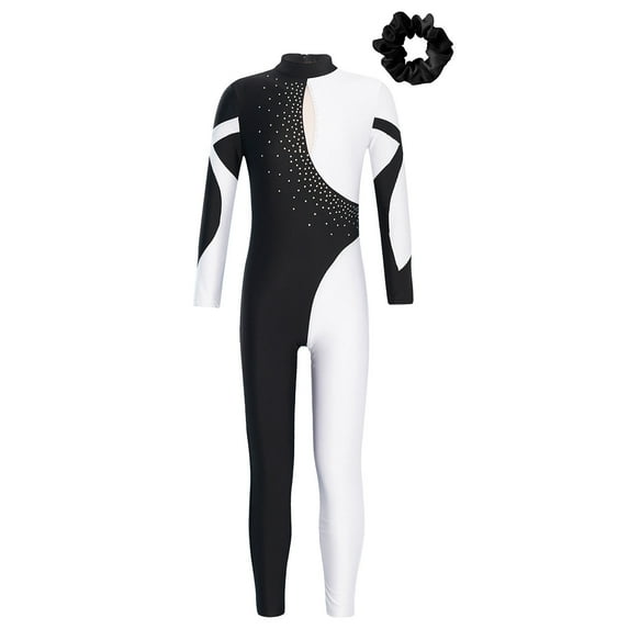 YONGHS Girls Gymnastics Full Body Ballet Leotard Unitard Figure Ice Skating Jumpsuit One Piece Bodysuit White&Black 6