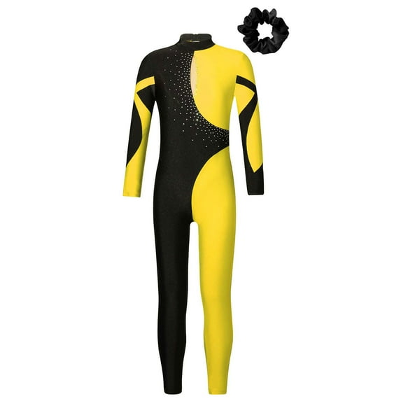 YONGHS Girls Gymnastics Full Body Ballet Leotard Unitard Figure Ice Skating Jumpsuit One Piece Bodysuit Yellow&Black 14