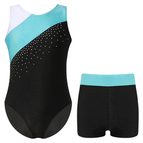 YONGHS Girls Gymnastics Tank Leotards with Shorts Dance Ballet Unitard Practice Outfits Biketard Blue Green 14