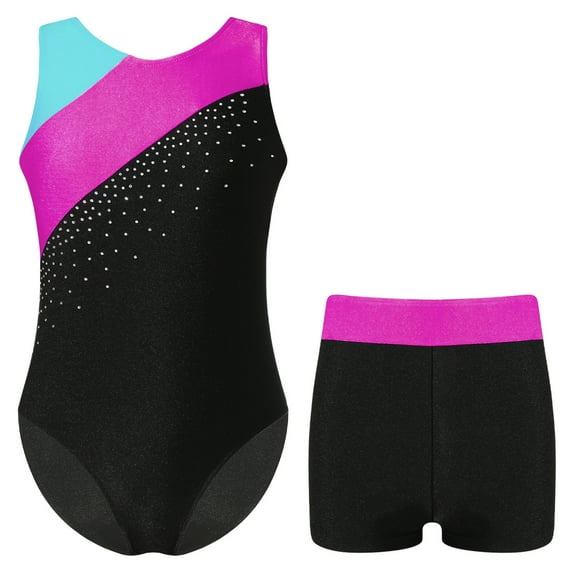 YONGHS Girls Gymnastics Tank Leotards with Shorts Dance Ballet Unitard Practice Outfits Biketard Hot Pink 12