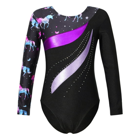 YONGHS Girls' Gymnastics Tumbling Bodysuit Team Unitard Long Sleeve One Piece Ballet Dance Leotard Black&Purple 10