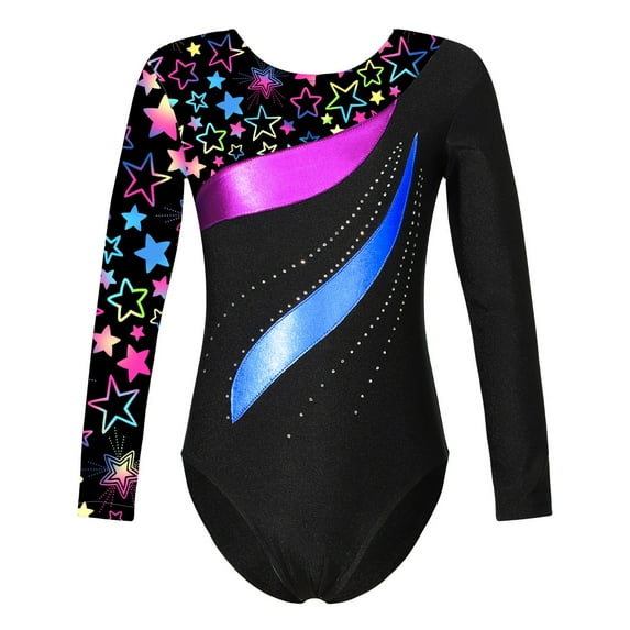 YONGHS Girls' Gymnastics Tumbling Bodysuit Team Unitard Long Sleeve One Piece Ballet Dance Leotard Star Black 4