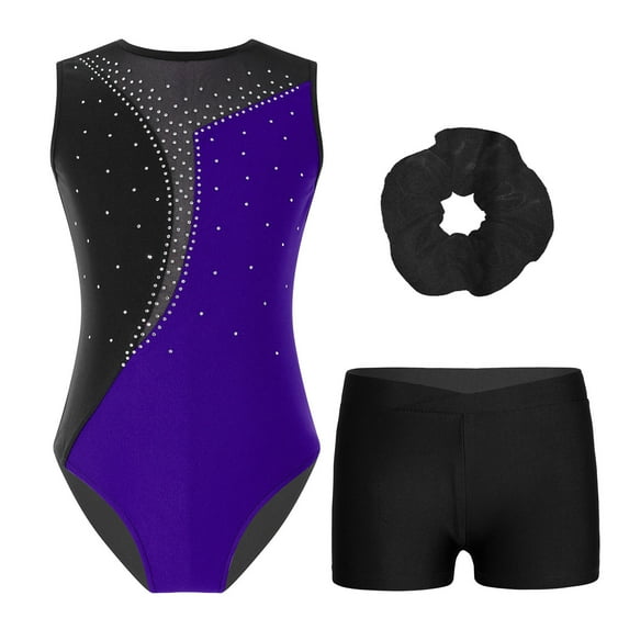YONGHS Girls Gymnastics Tumbling Outfits Rhinestone Sleeveless Leotard with Shorts Balelt Dancewear Purple 8