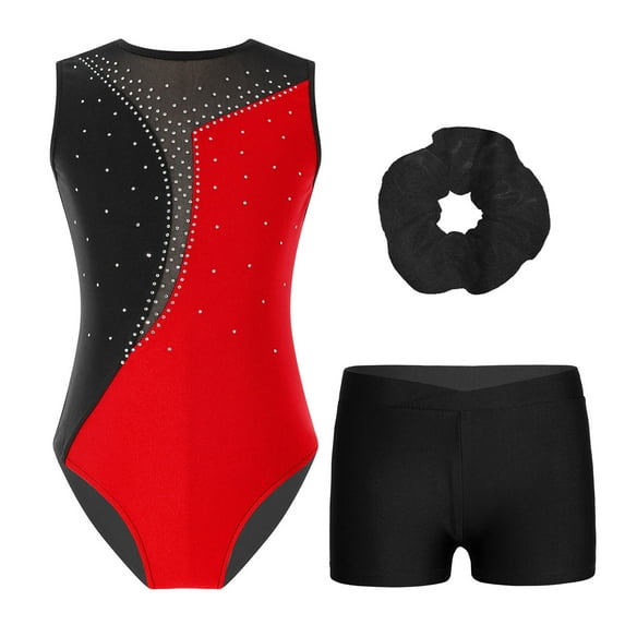YONGHS Girls Gymnastics Tumbling Outfits Rhinestone Sleeveless Leotard with Shorts Balelt Dancewear Red 10