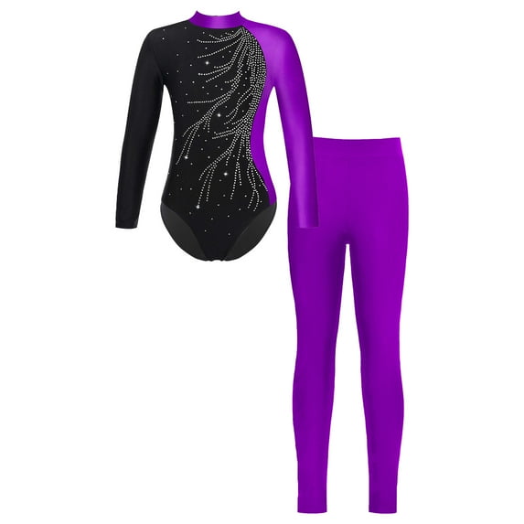 YONGHS Girls Gymnastics Unitards Long Sleeves Ballet Dance Bodysuit Leotards with Leggings Set Purple 16