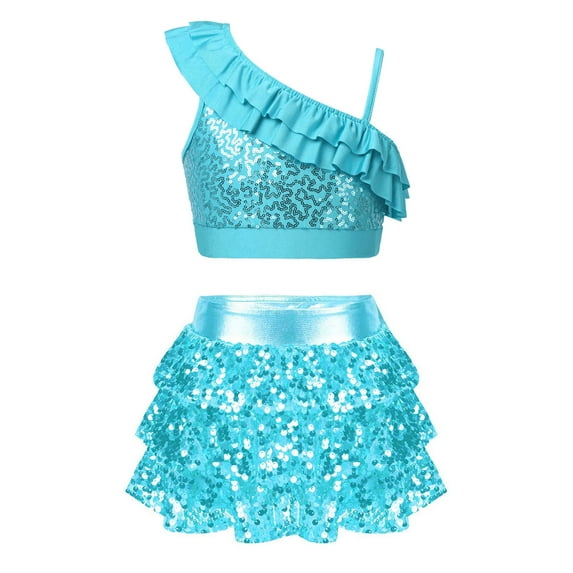 YONGHS Girls Hip Hop Jazz Cheer Performance Dance Costume Sequin Crop Top with Skirted Shorts Set Light Blue 8