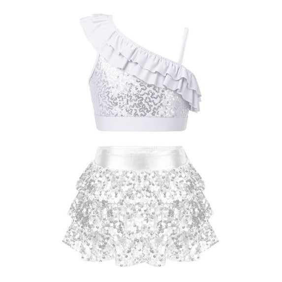 YONGHS Girls Hip Hop Jazz Cheer Performance Dance Costume Sequin Crop Top with Skirted Shorts Set Silver 12