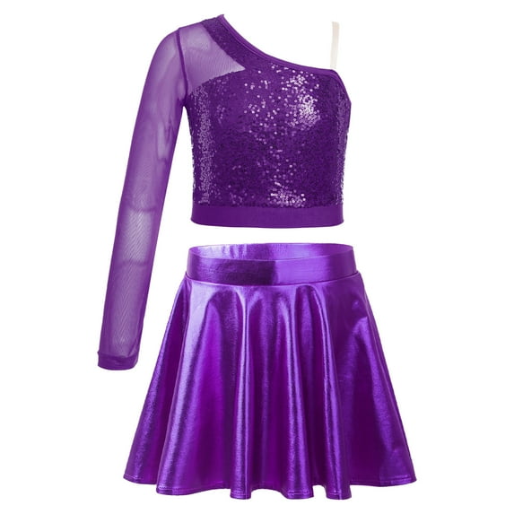 YONGHS Girls Hip Hop Jazz Dance Performance Outfits Kids Sequins Crop Top with Metallic Flared Skirt Purple 8