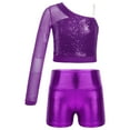 thumbnail image 1 of YONGHS Girls Jazz Hip Hop Dance Outfits Sequins One Shoulder Crop Top with Shorts Set Purple 16, 1 of 7
