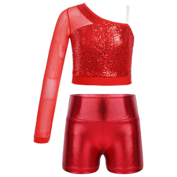 YONGHS Girls Jazz Hip Hop Dance Outfits Sequins One Shoulder Crop Top with Shorts Set Red 12