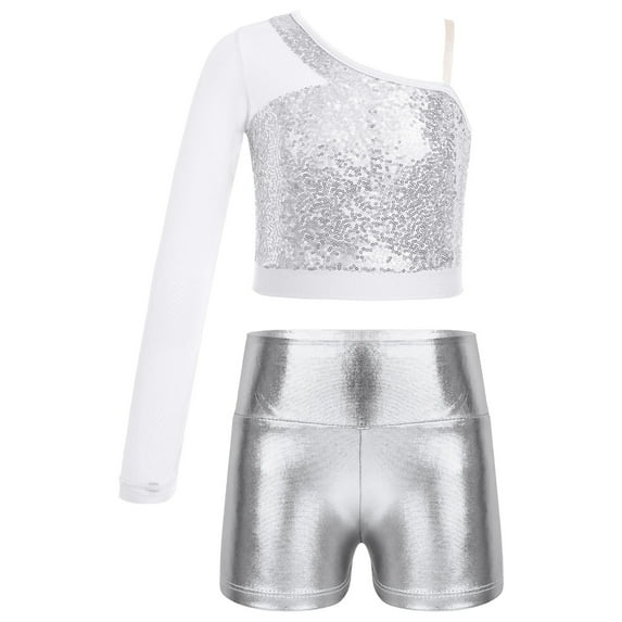 YONGHS Girls Jazz Hip Hop Dance Outfits Sequins One Shoulder Crop Top with Shorts Set Silver 14