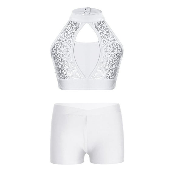 YONGHS Girls Jazz Hip Hop Dance Performance Outfit Sequins Tank Top with Booty Shorts Set Dancewear White 14