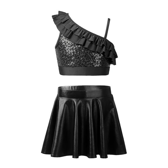 YONGHS Girls Jazz Hip Hop Performance Costumes Crop Tops with Pleated Skirt Modern Dance Outfits Black 10