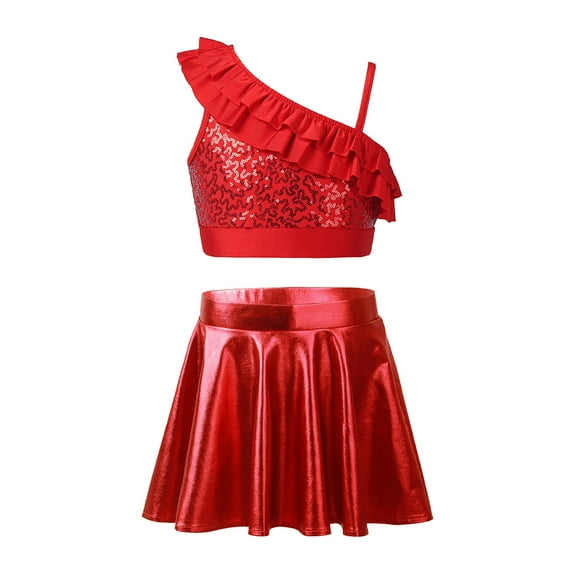 YONGHS Girls Jazz Hip Hop Performance Costumes Crop Tops with Pleated Skirt Modern Dance Outfits Red 6
