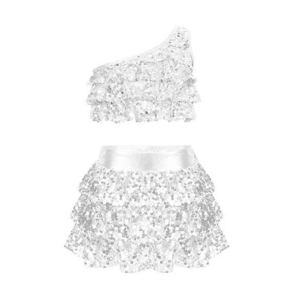 YONGHS Girls Jazz Latin Dance Costume Sequins Ruffle One Shoulder Crop Top with Skirted Shorts Outfits Silver 10