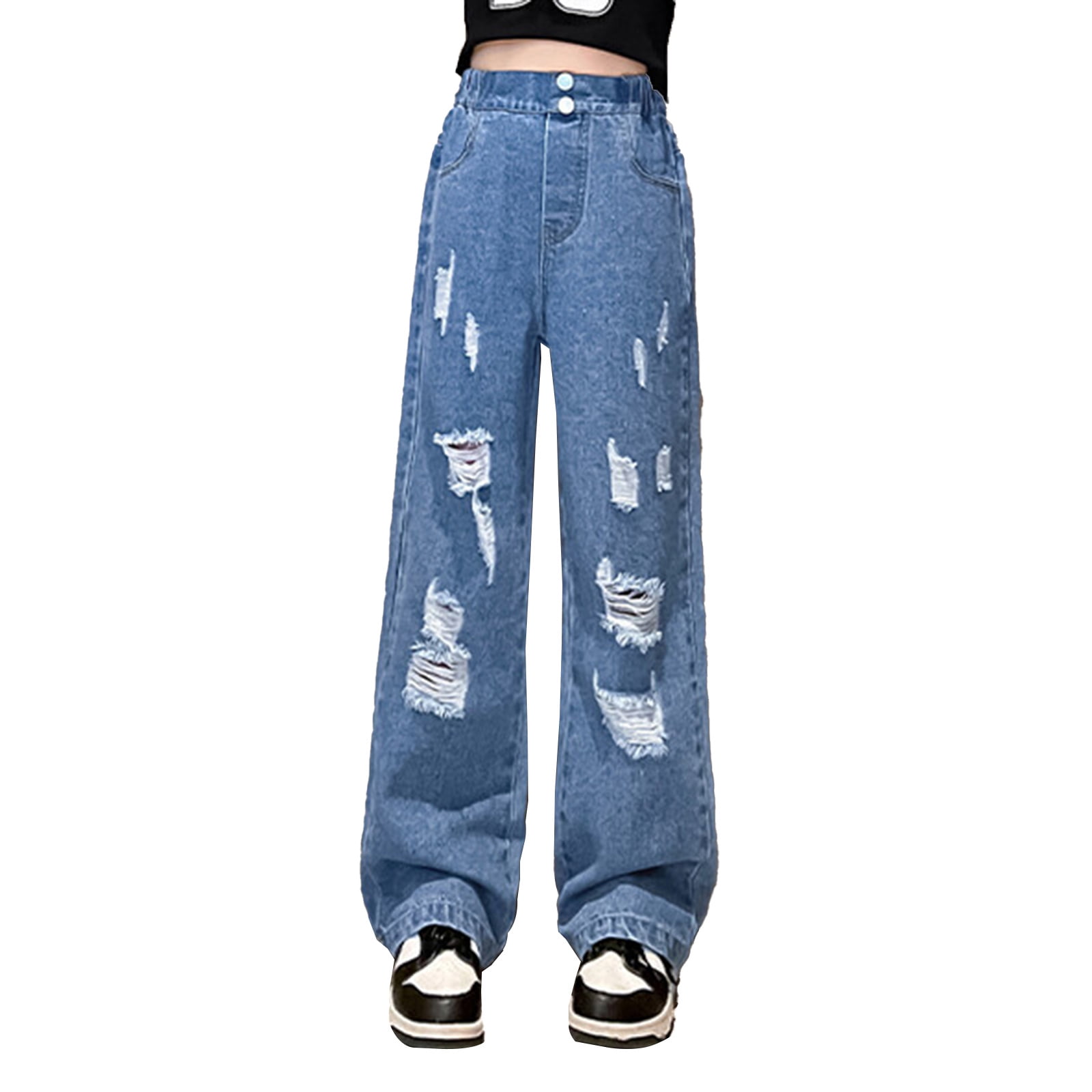 YONGHS Girls Jeans Wide Leg Baggy Trousers with Pockets