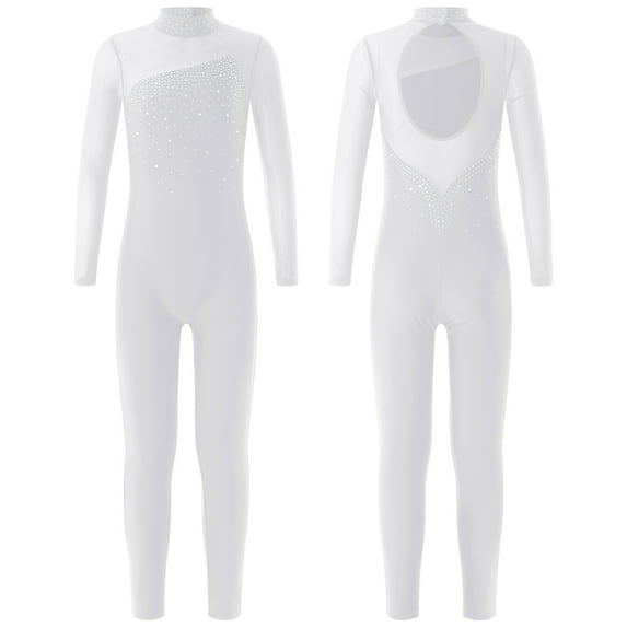 YONGHS Girls Kids One Piece Dance Unitard Long Sleeve Skating Jumpsuit Gymnastics Bodysuit White 8
