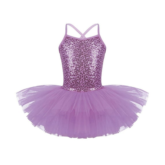 YONGHS Girls Kids Sequined Ballet Tutu Dress Gymnastic Sleeveless Skirted Leotard Dancewear Purple 3-4