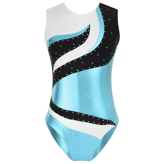 YONGHS Girls Kids Sleeveless Gymnastics Leotards Rhinestone Color Block Metallic Ballet Dance Bodysuit Blue 16