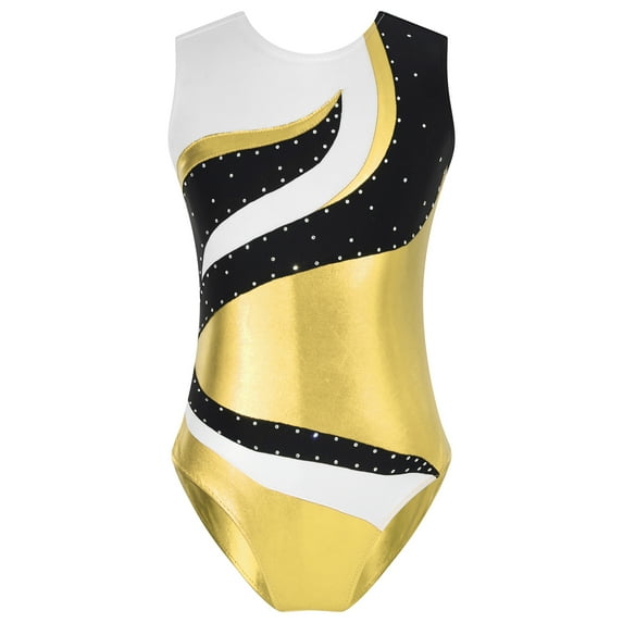 YONGHS Girls Kids Sleeveless Gymnastics Leotards Rhinestone Color Block Metallic Ballet Dance Bodysuit Gold 10