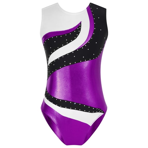 YONGHS Girls Kids Sleeveless Gymnastics Leotards Rhinestone Color Block Metallic Ballet Dance Bodysuit Purple 8