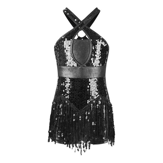 YONGHS Girls Latin Dance Dress Metallic Sequins Tassel Skirt Leotard Modern Jazz Tap Ballroom Dancewear Black 8