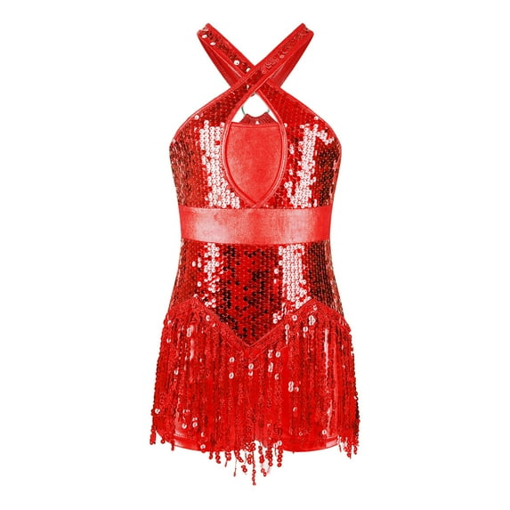 YONGHS Girls Latin Dance Dress Metallic Sequins Tassel Skirt Leotard Modern Jazz Tap Ballroom Dancewear Red 14