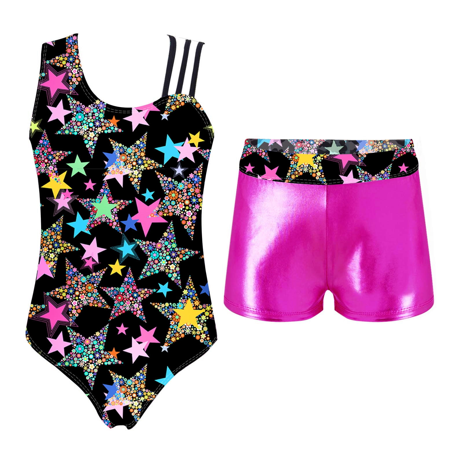 YONGHS Girls Leopard Print Gymnastics Leotard with Booty Shorts Sets