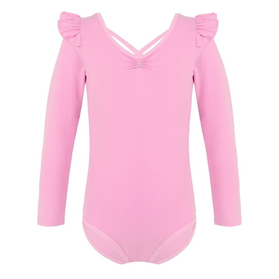 YONGHS Girls Long Sleeve Ballet Leotard Dance Top Gymnastics Bodysuit Ballerina Romper Team wear Pink 5-6