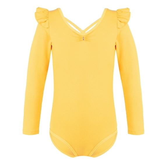 YONGHS Girls Long Sleeve Ballet Leotard Dance Top Gymnastics Bodysuit Ballerina Romper Team wear Yellow 13-14