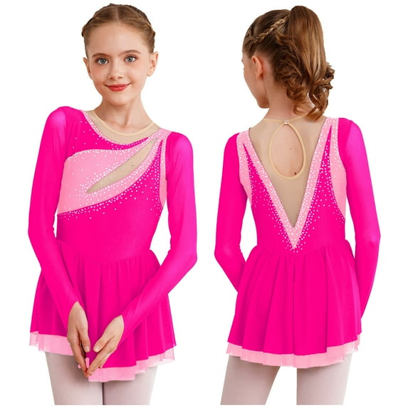 YONGHS Girls Long Sleeve Color Block Sequins Ice Skating Dress Ballet Dance Costume Hot Pink 14
