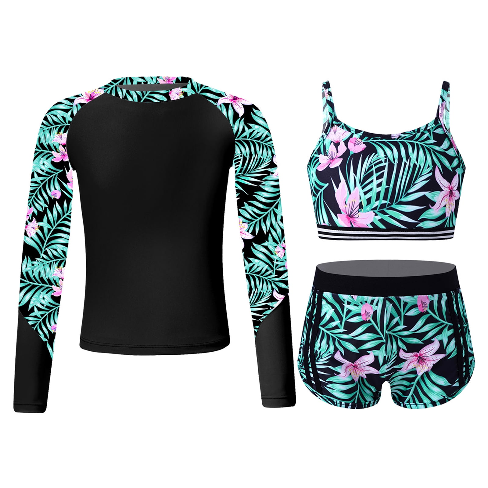 YONGHS Girls Long Sleeve Rashguard Set UPF 50+ Sun Protection Three ...