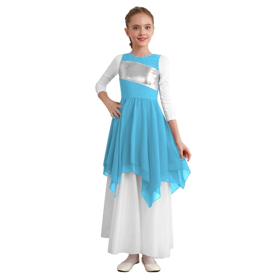YONGHS Girls Lyrical Praise Dance Costume Kids Sleeveless Metallic Tank Dress Worship Dancewear Light Blue 6