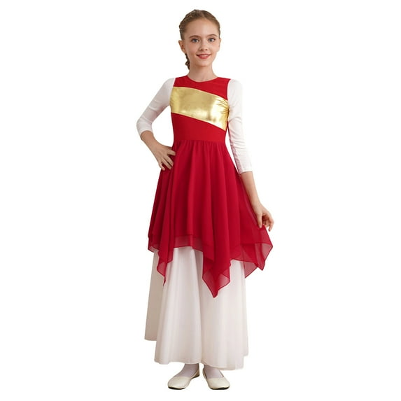 YONGHS Girls Lyrical Praise Dance Costume Kids Sleeveless Metallic Tank Dress Worship Dancewear Red 12