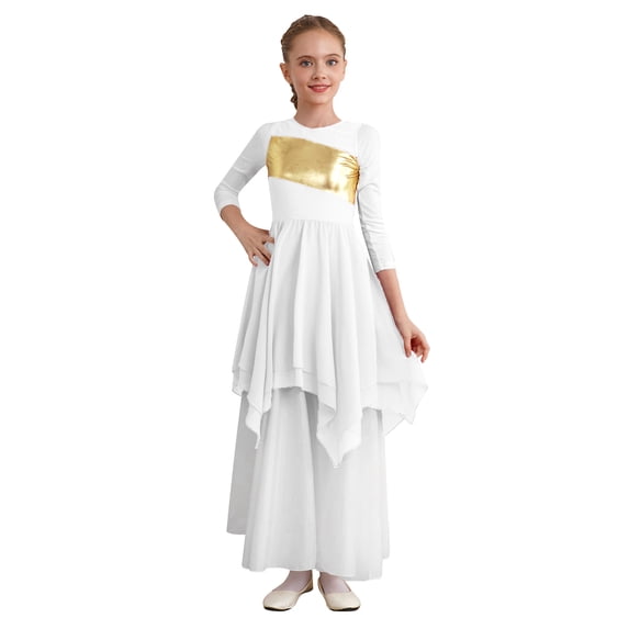 YONGHS Girls Lyrical Praise Dance Costume Kids Sleeveless Metallic Tank Dress Worship Dancewear White 16