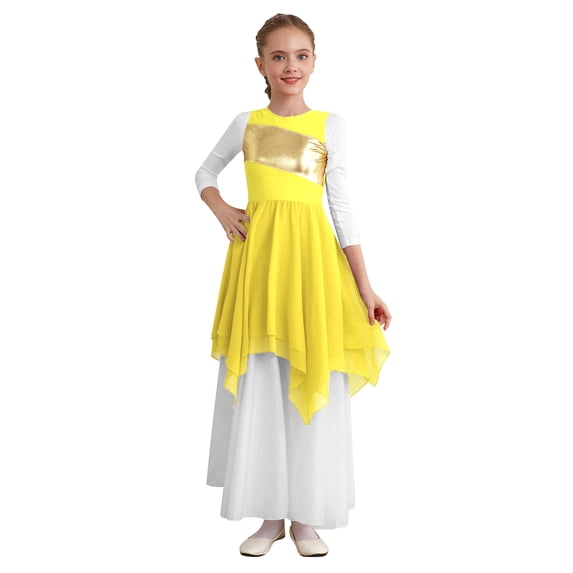 YONGHS Girls Lyrical Praise Dance Costume Kids Sleeveless Metallic Tank Dress Worship Dancewear Yellow 10