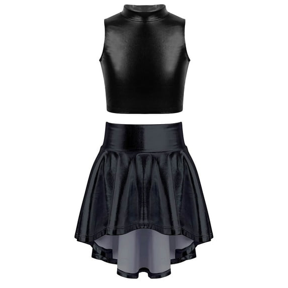 YONGHS Girls Metallic Crop Top with Pleated Skirt for Hip Hop Jazz Streetwear Dance Performance Party Black 10