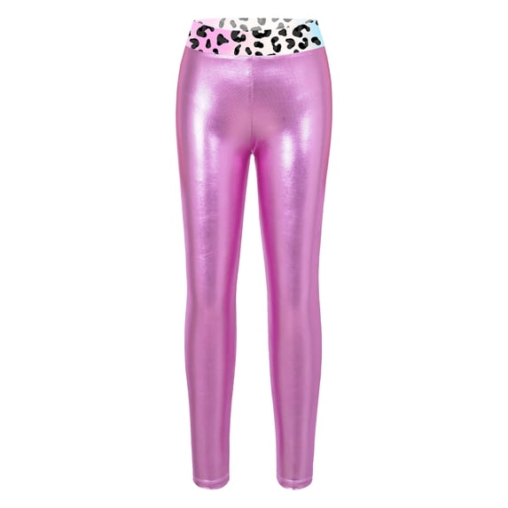 YONGHS Girls' Metallic Shiny Stretch Leggings Yoga Pants Gymnastics Dance Athletic Tights Trosuers Pink 12